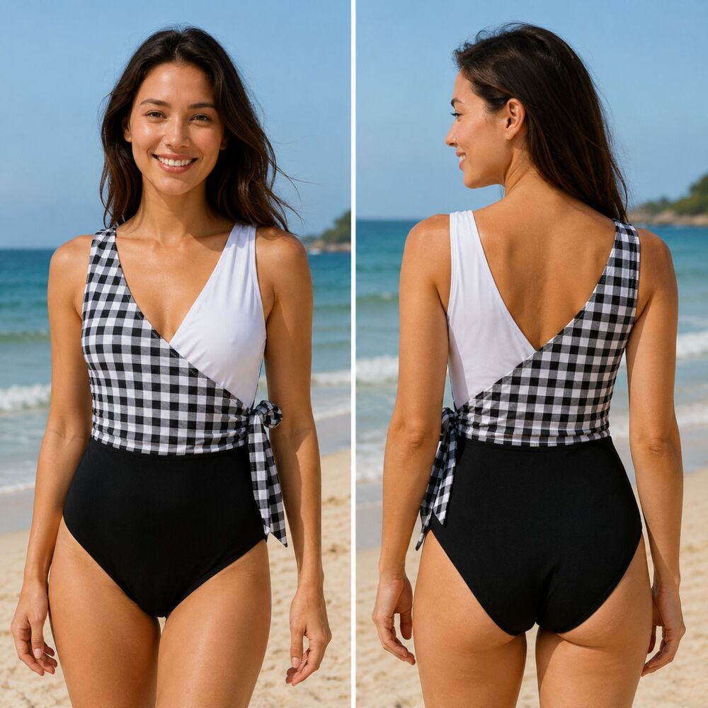 New Cupshe Large black white gingham check crossover top 1 piece Swimsuit Cruise